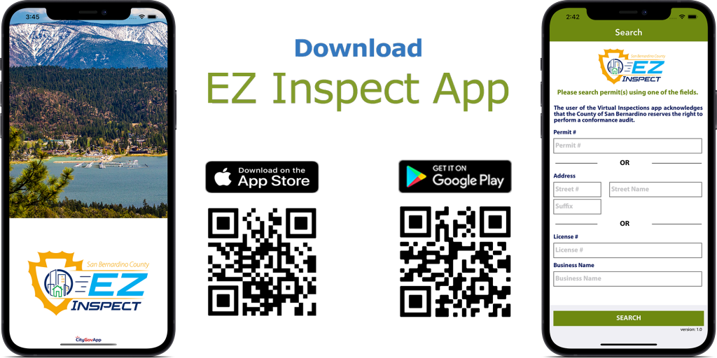 Screen shot of EZ Inspect app and QR codes for the Apple and Google Play Stores